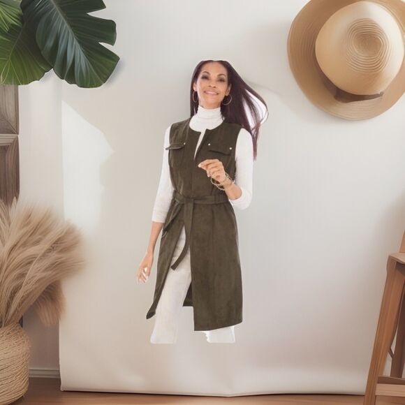 Chico's Faux Suede Longline Vest   Ambered Olive  Size 3 NWT - Picture 1 of 13